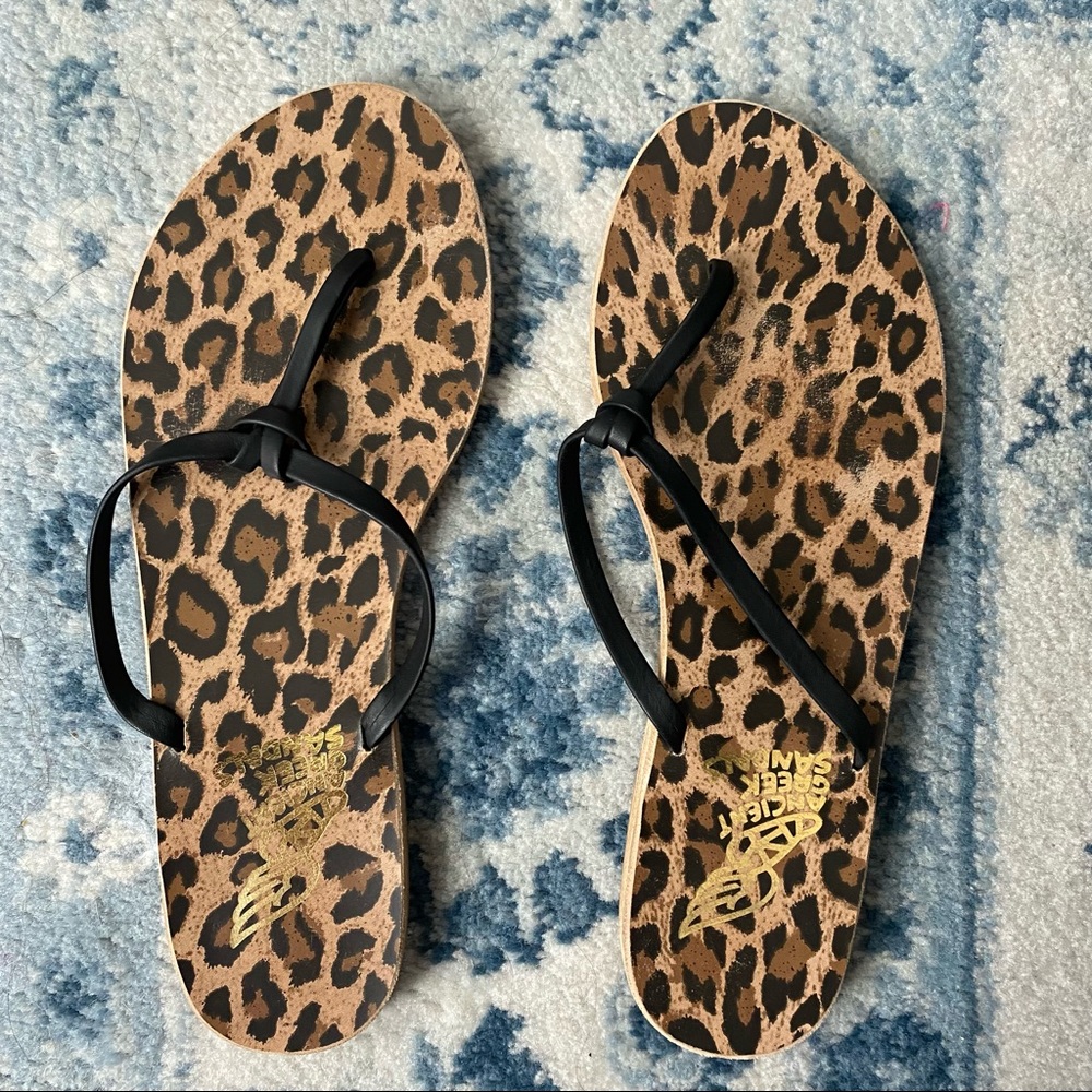 Ancient Greek Sandals Leopard Black Doro Leather Knotted Thong Flats